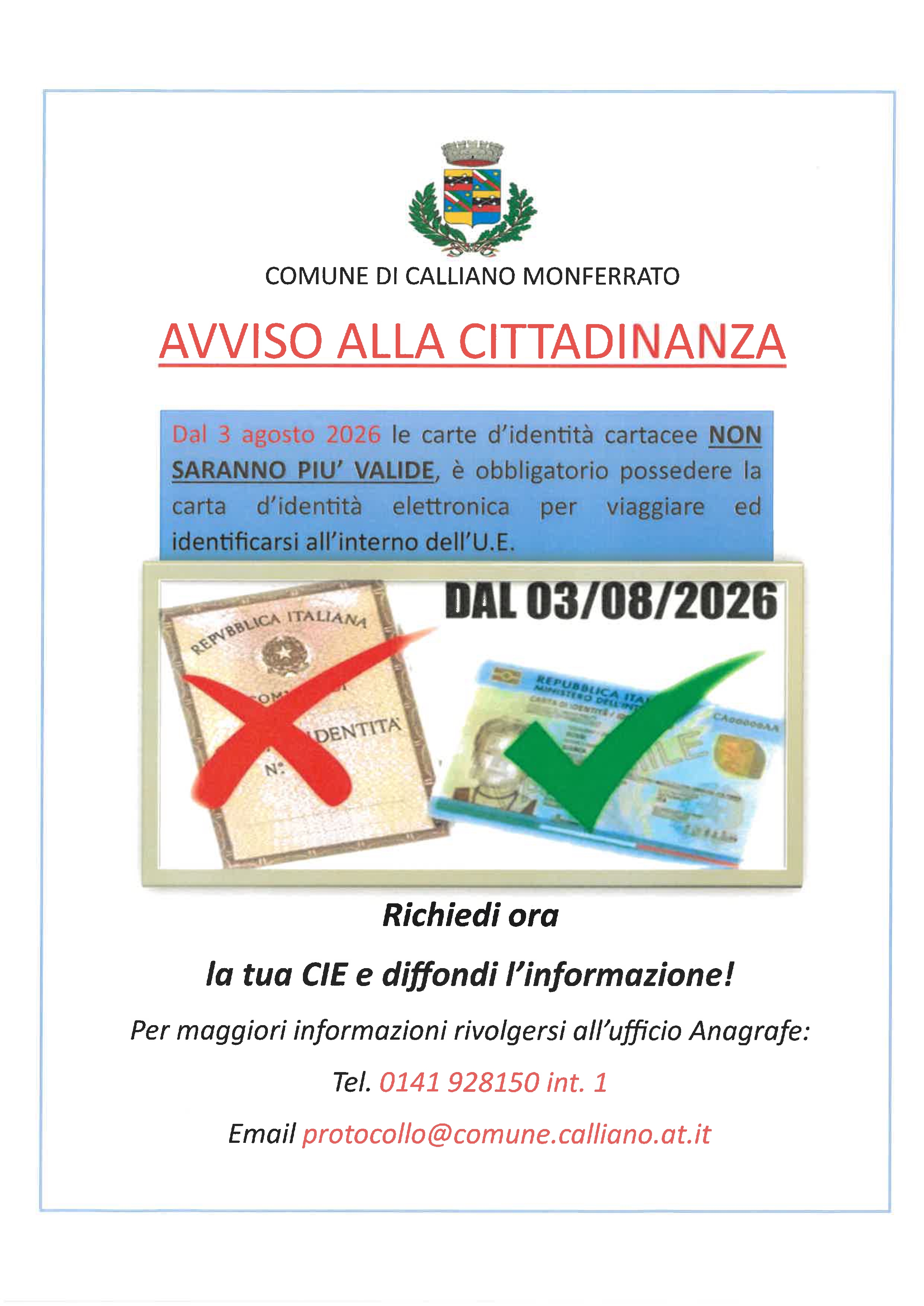 AVVISO: le carte d'identita' cartacee NON saranno piu' valide e' obbligatorio possedere la carta d'identita' elettronica