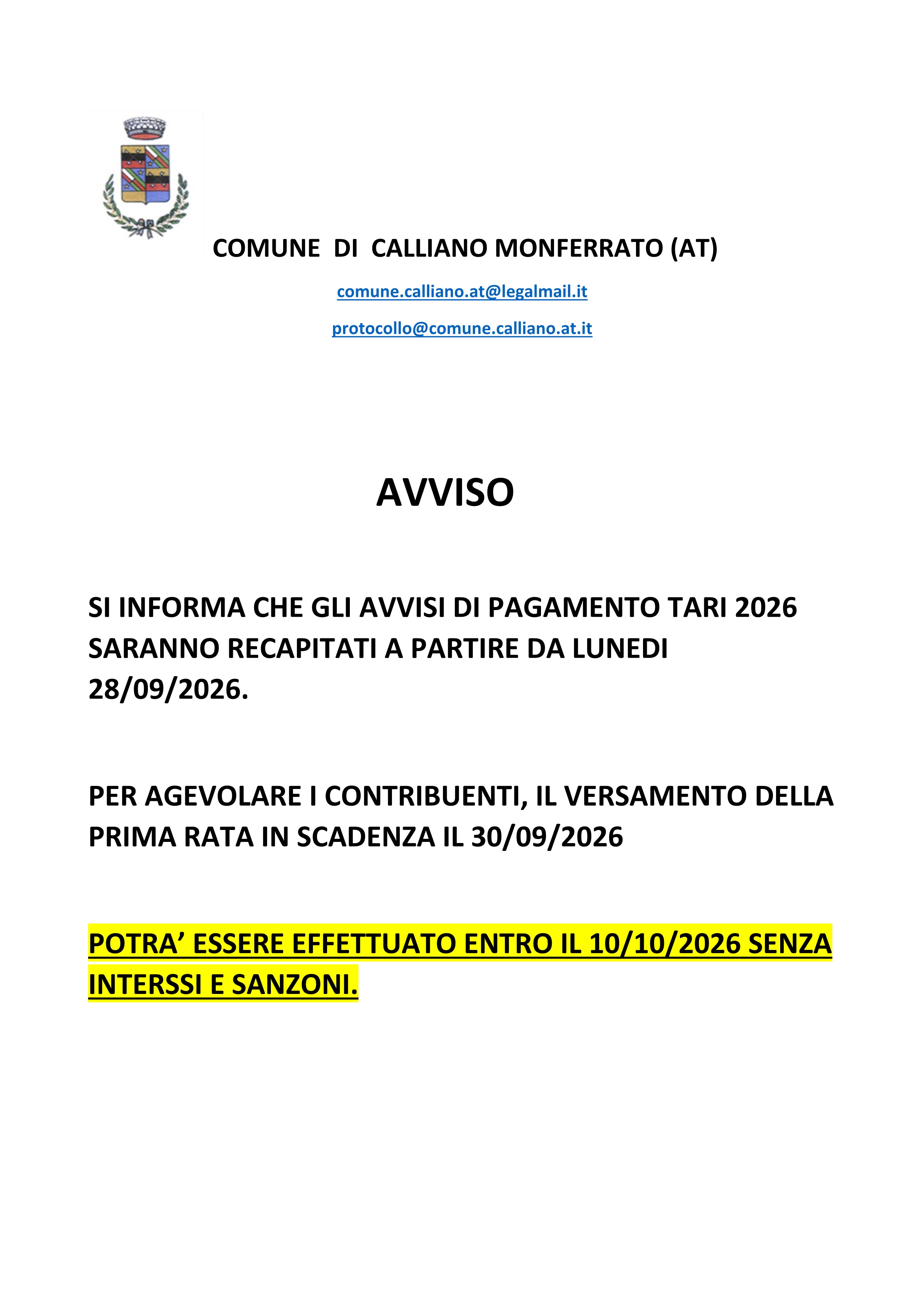 AVVISO pagamento Tari 2026