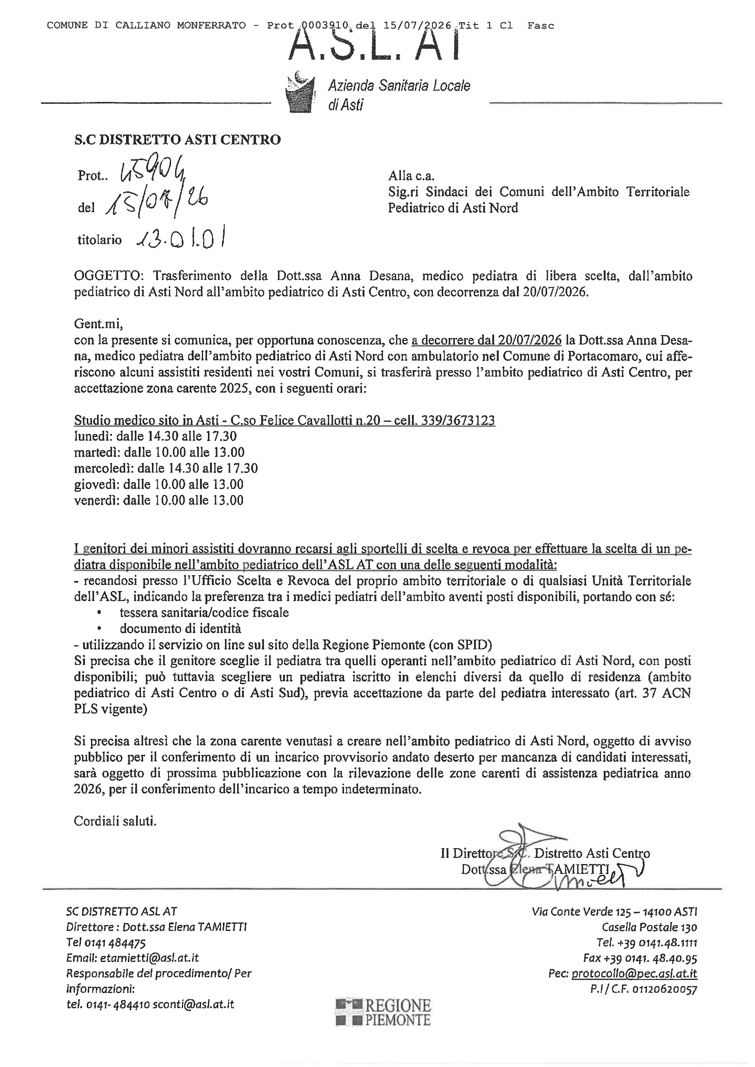 TRASFERIMENTO della DOTT.SSA ANNA DESANA presso L' AMBULATORIO PEDIATRICO DI ASTI CENTRO DAL 20/07/2026